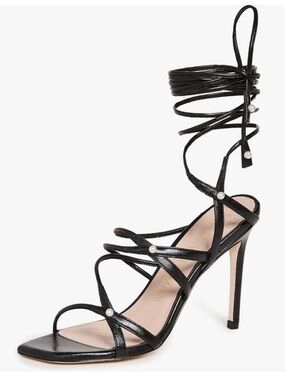 Stuart Weitzman astrid black leather open toe strappy sandals heels faux pearls